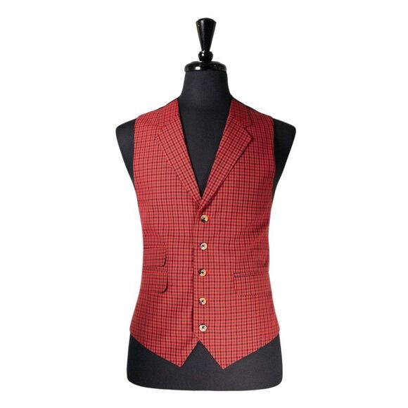 Mens 42R Wool Vest Red Green Blue Check Waistcoat Preppy Casual Formal Party - Picture 1 of 10